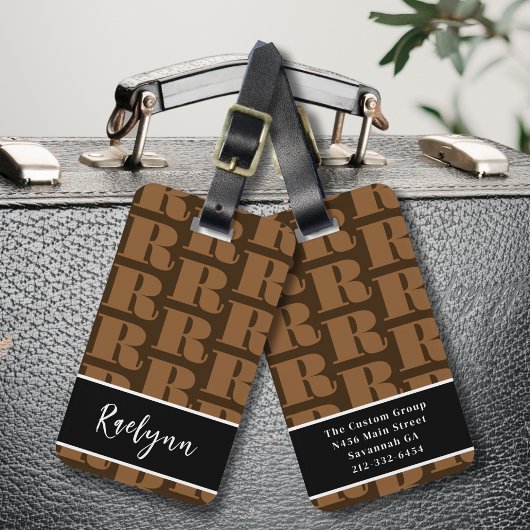 Bruin Zwart Wit Modern Monogram Initiaal Letter Bagagelabel