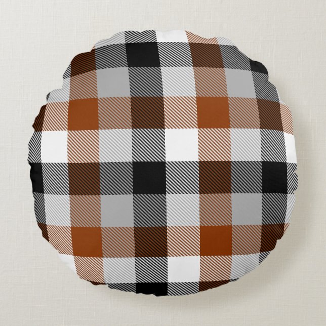 Bruin Zwart Wit Twill Gingham Ontwerp Rond Kussen (Voorkant)