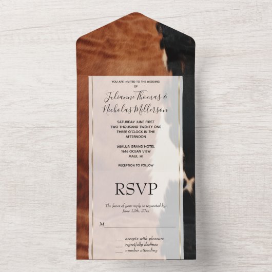Bruin Zwart Zuidwesten Faux Koeienhuid bruiloft All In One Uitnodiging (Binnen)