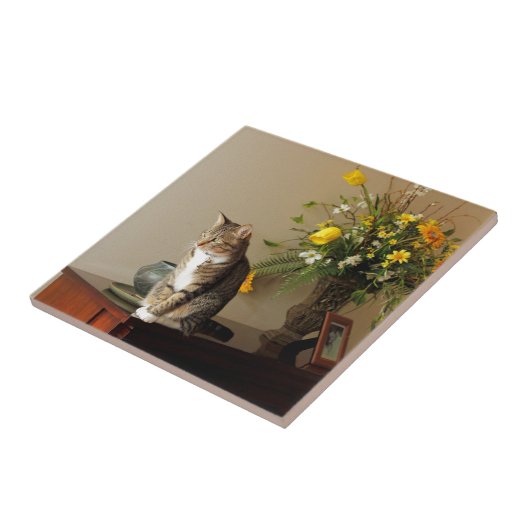 Bruin zwarte tablet katten Zitten op pianolemen Tegeltje (Zijkant)