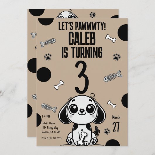 Bruin & Zwarte Vis Botten Puppy Dog Verjaardagsfee Kaart (Voorkant / Achterkant)