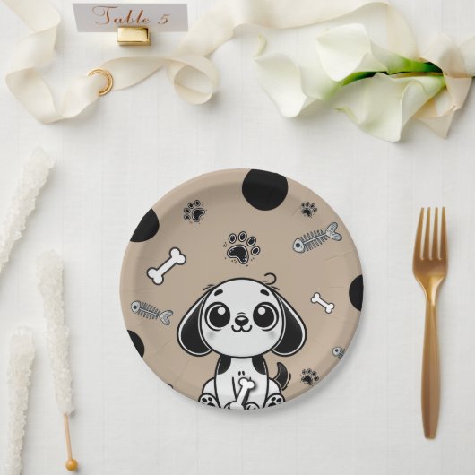 Bruin & Zwarte Vis Botten Puppy Dog Verjaardagsfee Papieren Bordje (Huwelijk)