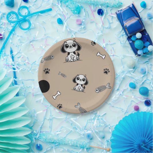 Bruin & Zwarte Vis Botten Puppy Dog Verjaardagsfee Papieren Bordje (Feest)