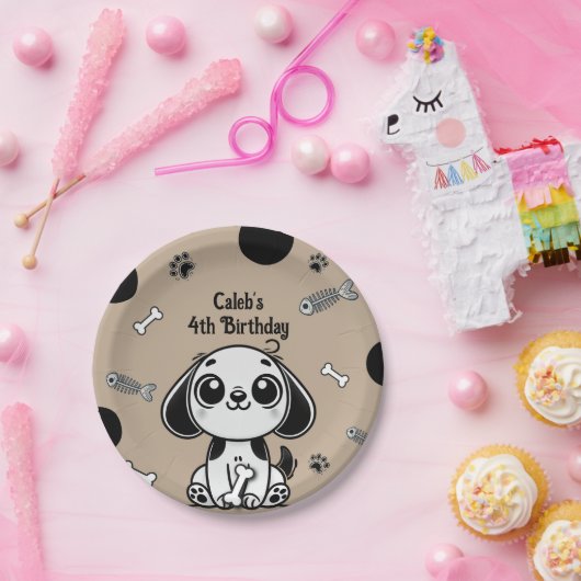 Bruin & Zwarte Vis Botten Puppy Dog Verjaardagsfee Papieren Bordje (Feest)