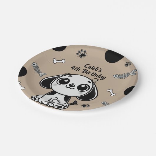 Bruin & Zwarte Vis Botten Puppy Dog Verjaardagsfee Papieren Bordje (Gekanteld)
