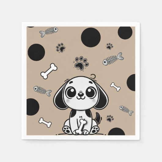 Bruin & Zwarte Vis Botten Puppy Dog Verjaardagsfee Servet (Voorkant)