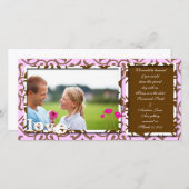 Bruin Zwirl Damask & Gerbers op Blue Save the Date (Voorkant / Achterkant)