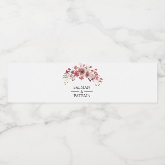 Bruinachtig roze bloemenbruiloft waterfles etiket (Enkel label)