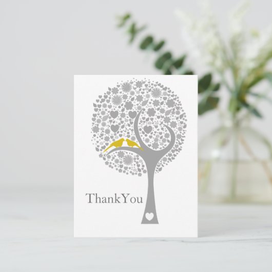 bruinachtige boom gele lovevogels mod bruiloft bed briefkaart (Staand voorkant)