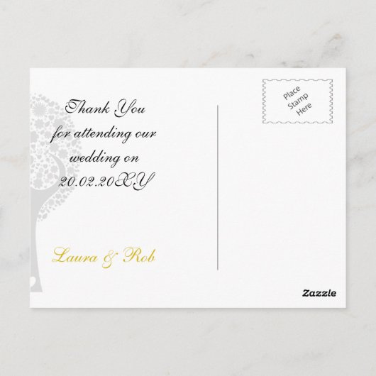 bruinachtige boom gele lovevogels mod bruiloft bed briefkaart (Achterkant)