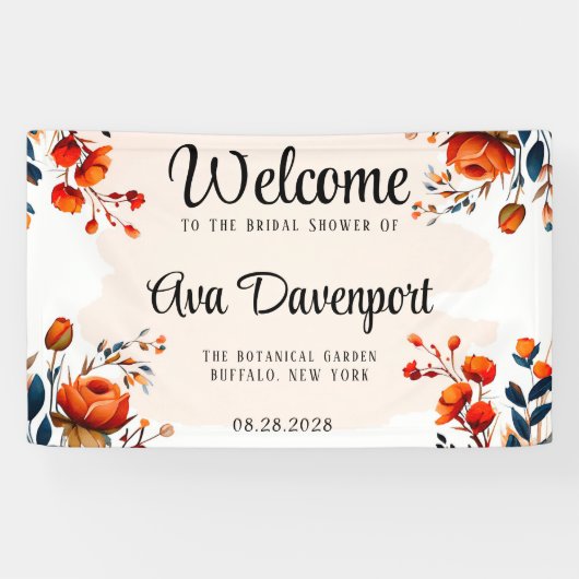 Bruinblauwe en oranje pioen bruidsdouche spandoek (Horizontaal)