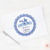 Bruinblauwe Witte Aziatische Chinoiserie Bruilofts Ronde Sticker (Envelop)