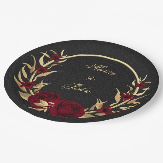 bruinbloemen gouden bladeren met zwarte schenkel papieren bordje (Gekanteld)