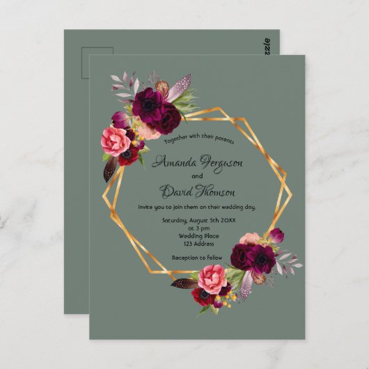 Bruinbruinbloemigen uitnodiging voor bruiloft (Voorkant / Achterkant)