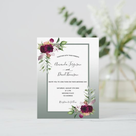 Bruinbruinbloemigen uitnodiging voor bruiloft (Staand voorkant)