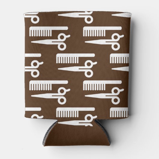 Bruine achtergrond-schaar met wolhaarstijl blikjeskoeler (Voorkant)