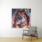 Bruine Anime Meisjes Kleurrijke Kunst Wandkleed (In situ)