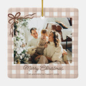 Bruine Aquarel Gingham Kerst Foto Keramisch Ornament (Achterkant)
