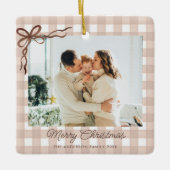 Bruine Aquarel Gingham Kerst Foto Keramisch Ornament (Voorkant)