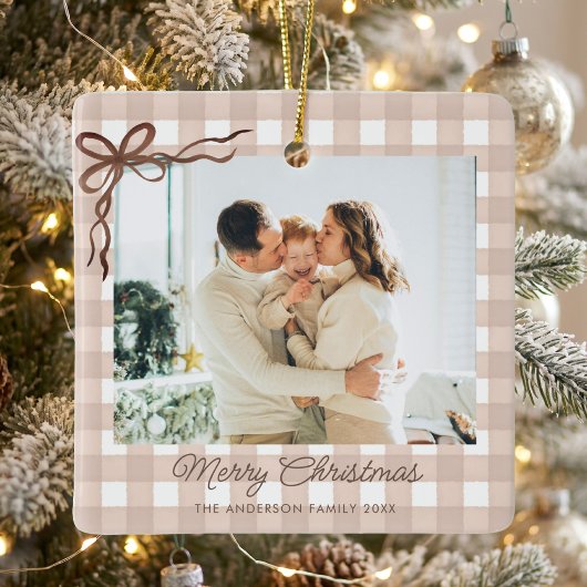 Bruine Aquarel Gingham Kerst Foto Keramisch Ornament