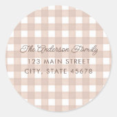 Bruine Aquarel Gingham Retouradres Ronde Sticker (Voorkant)