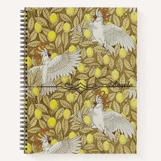 Bruine Art Nouveau Cockatoo Lemon Custom Name Notitieboek (Voorkant)