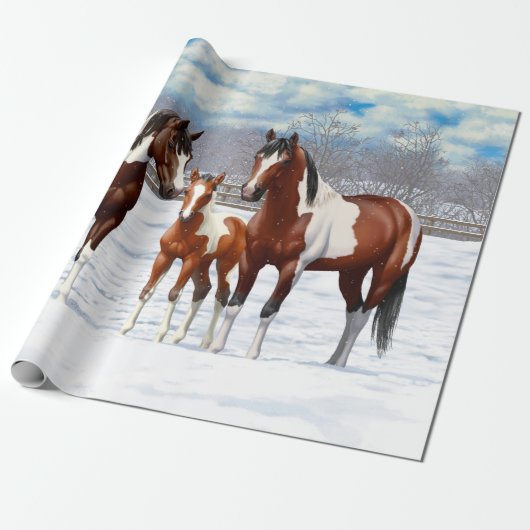 Bruine baai verf kwart paarden in sneeuw cadeaupapier (Uitgerold)