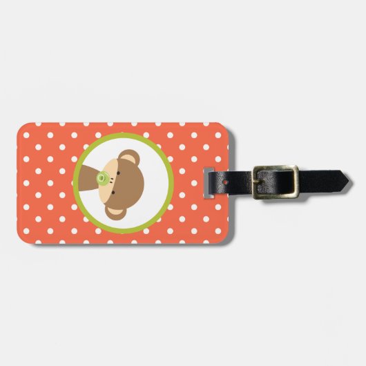 Bruine Baby aap met Pacifier op Polka Dots Bagagelabel (Voorkant horizontaal)