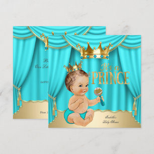 Bruine baby shower Prins aqua blauw gouden kroon Kaart