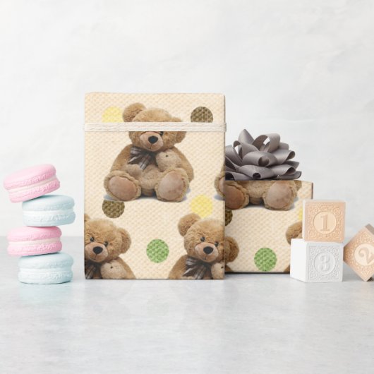 Bruine Baby Teddy bears op pokadots Cadeaupapier (Baby Shower)