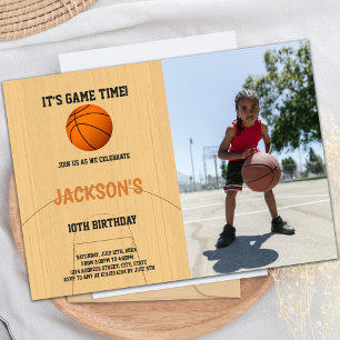 Bruine Basketbal Verjaardag Uitnodigingen met Foto