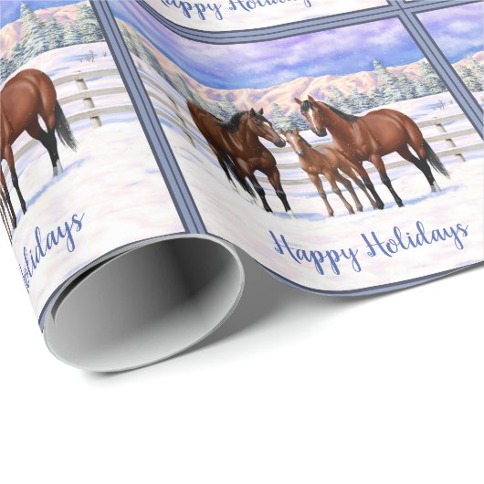 Bruine Bay Quarter Paarden in sneeuw Cadeaupapier (Rol Hoek)