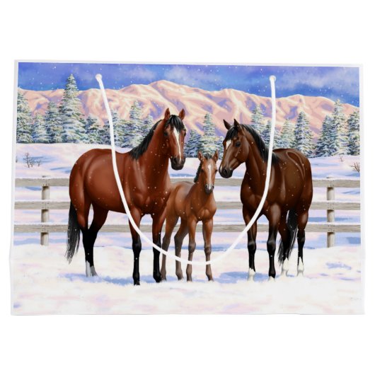 Bruine Bay Quarter Paarden in sneeuw Groot Cadeauzakje (Achterkant)