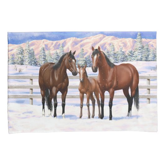 Bruine Bay Quarter Paarden in sneeuw Kussensloop (Voorkant-Rechts)