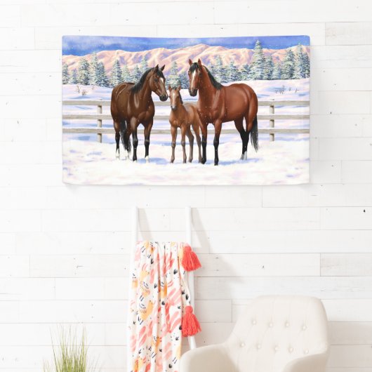 Bruine Bay Quarter Paarden in sneeuw Spandoek (Insitu)