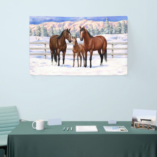 Bruine Bay Quarter Paarden in sneeuw Spandoek (Beurs)