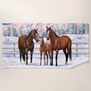Bruine Bay Quarter Paarden in sneeuw Strandlaken