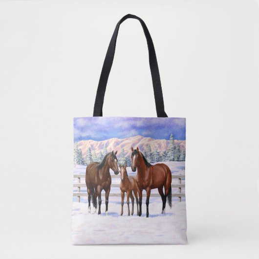 Bruine Bay Quarter Paarden in sneeuw Tote Bag (Voorkant)