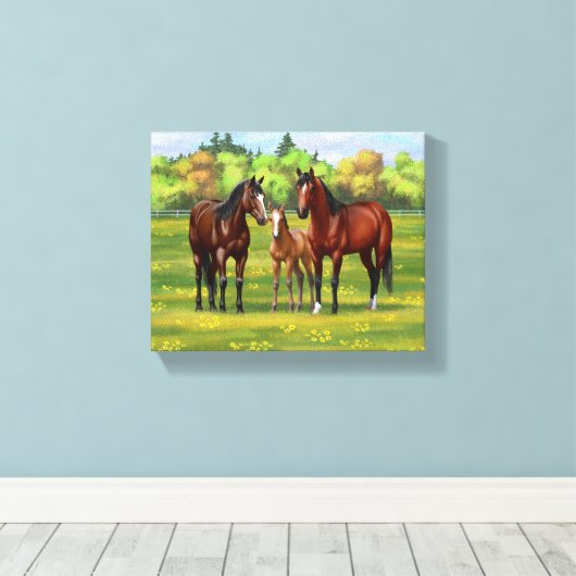 Bruine bazardpaarden in zomerperiode canvas afdruk (Insitu (Houten vloer))