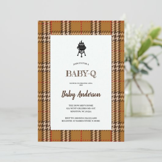 BRUINE BBQ BABYSHOWER FEESTUITNODIGING KAART (Staand voorkant)