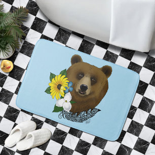 Bruine Beer Blauwe Bloemen Veer Wilde Dieren Badmat