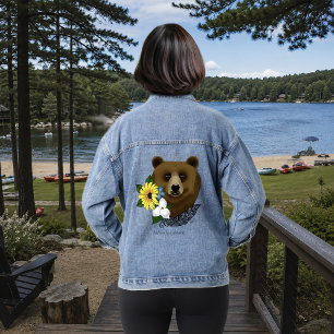 Bruine Beer Blauwe Bloemen Veer Wilde Dieren Denim Jacket