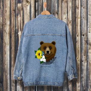 Bruine Beer Blauwe Bloemen Veer Wilde Dieren Denim Jacket