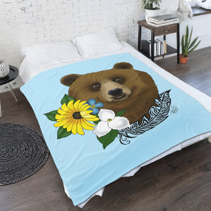Bruine Beer Blauwe Bloemen Veer Wilde Dieren Fleece Deken