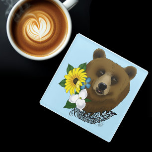 Bruine Beer Blauwe Bloemen Veer Wilde Dieren Glazen Onderzetter