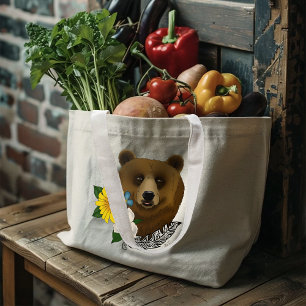 Bruine Beer Blauwe Bloemen Veer Wilde Dieren Grote Tote Bag