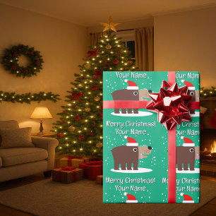 Bruine beer cartoon met kerstmanhoed op maat gemaa cadeaupapier