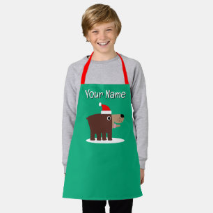 Bruine beer cartoon met kerstmannenhoed kind kerst schort