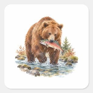 Bruine beer die in een stroom vist vierkante sticker