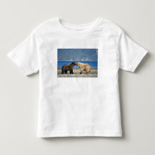 Bruine beer, grizzlybeer, spelen op het strand, kinder shirts